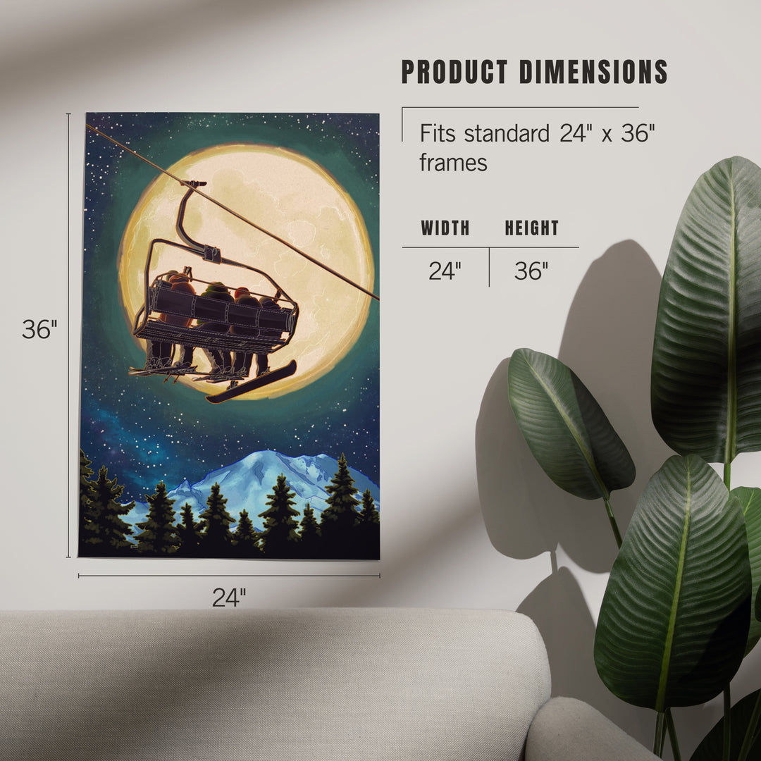 Ski Lift and Full Moon with Snowboarder, Art & Giclee Prints