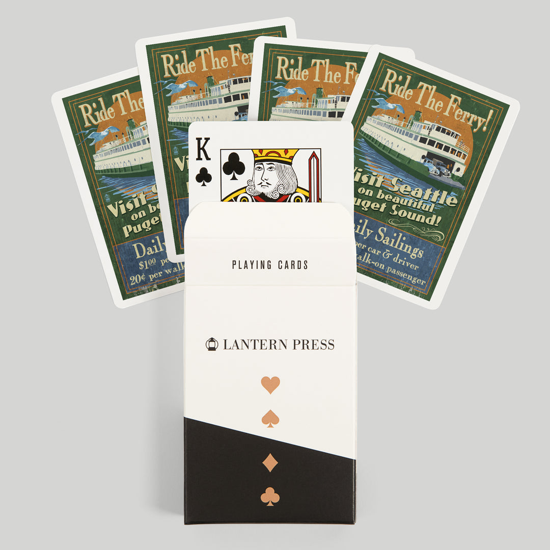 Playing Cards, Seattle, Washington, Ferry Vintage Sign, 52 Card Deck with Jokers in Box, Unique Art