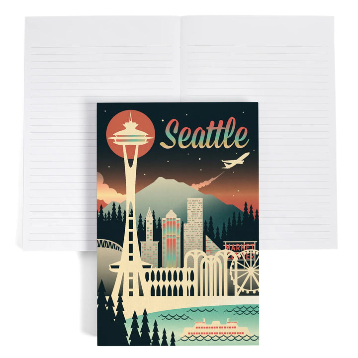 Lined 6x9 Journal, Seattle, Washington, Retro Skyline Chromatic Series, Lay Flat, 193 Pages, FSC paper