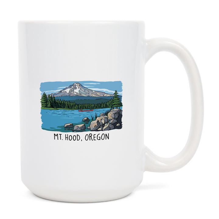 Mount Hood, Oregon, River & Mountain, Line Drawing, Lantern Press Artwork, Ceramic Mug
