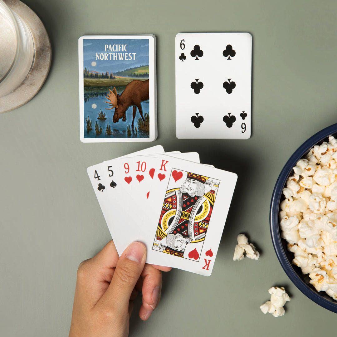 Playing Cards, Pacific Northwest, Lithograph, Reflection Pond and Bull Moose, 52 Card Deck with Jokers in Box, Unique Art