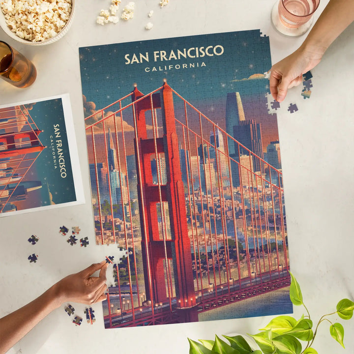 San Francisco, California, Lithograph, Skyline at Dusk, Jigsaw Puzzle