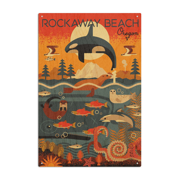 Rockaway Beach, Oregon, Marine Animals, Geometric, Lantern Press Artwork, Wood Signs and Postcards