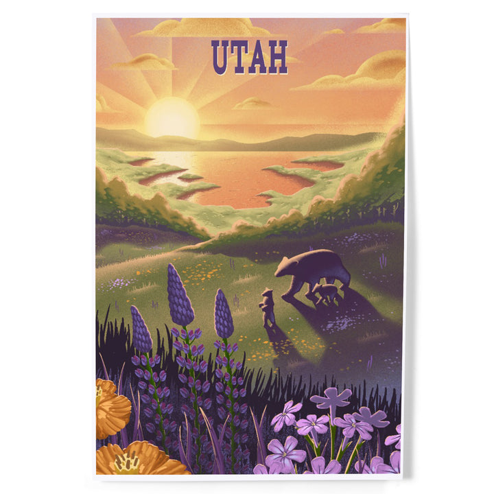 Utah, Lithograph, Bear and Spring Flowers, Lake, Art & Giclee Prints
