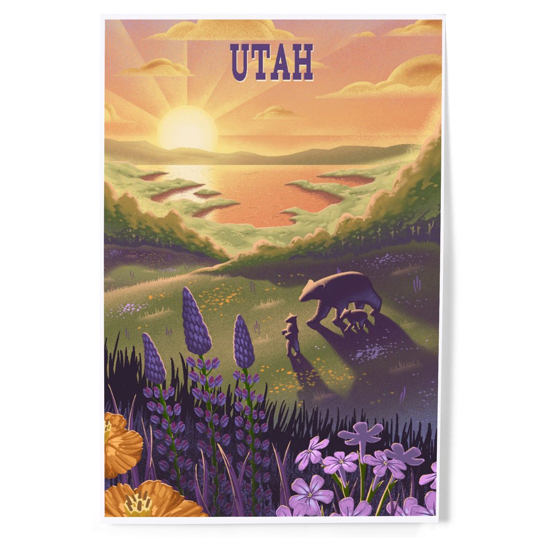 Utah, Lithograph, Bear and Spring Flowers, Lake, Art & Giclee Prints
