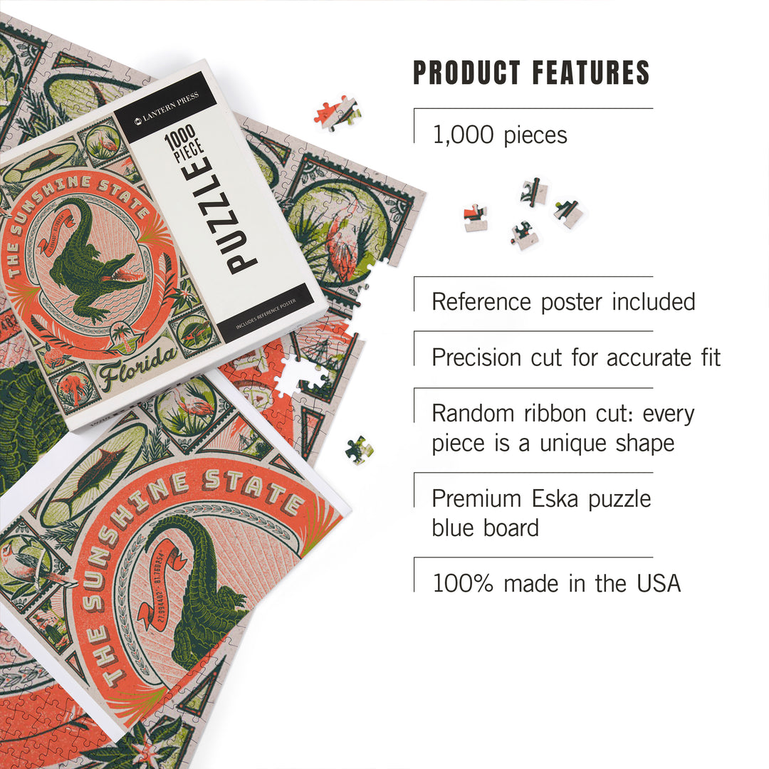 Florida, Woodcut Menagerie Series, The Sunshine State, 1000 Piece Jigsaw Puzzle