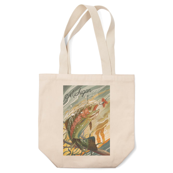 Michigan, Underwater Trout with Dry Fly, Tote Bag - Lantern Press