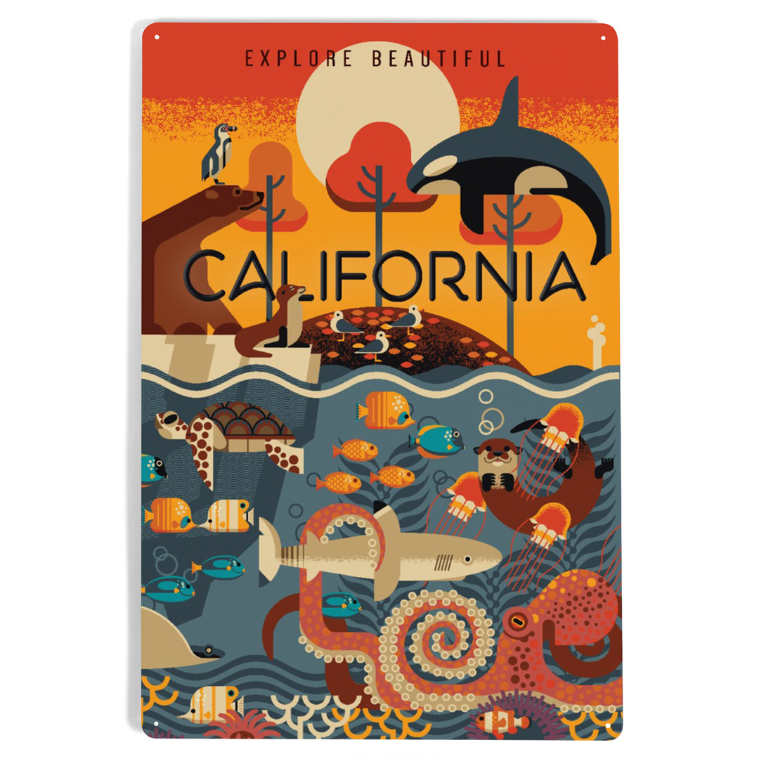 California, Marine Animals, Geometric, Metal Signs - Lantern Press