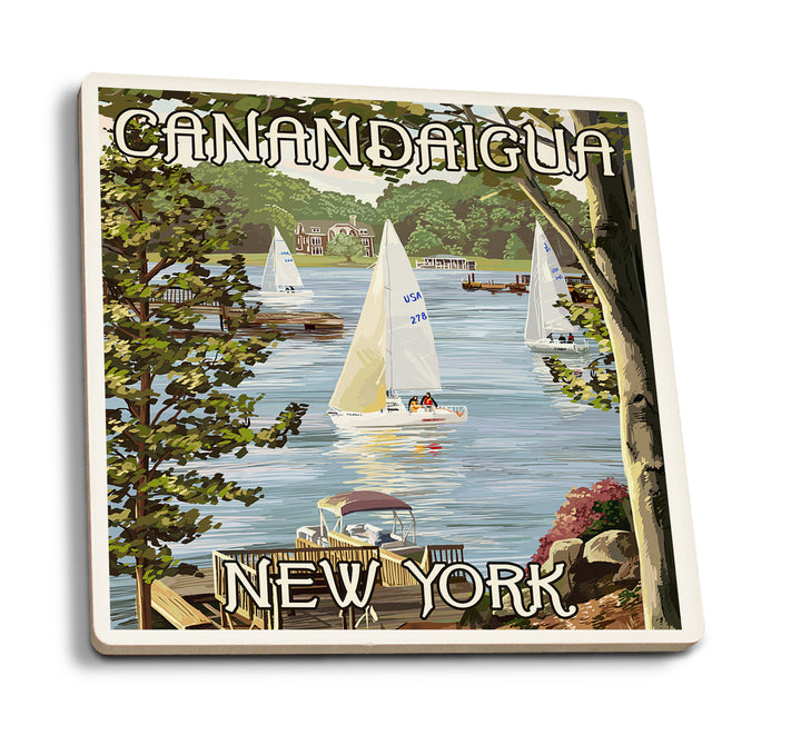 Canandaigua, New York, Lake View with Sailboats, Coaster Set