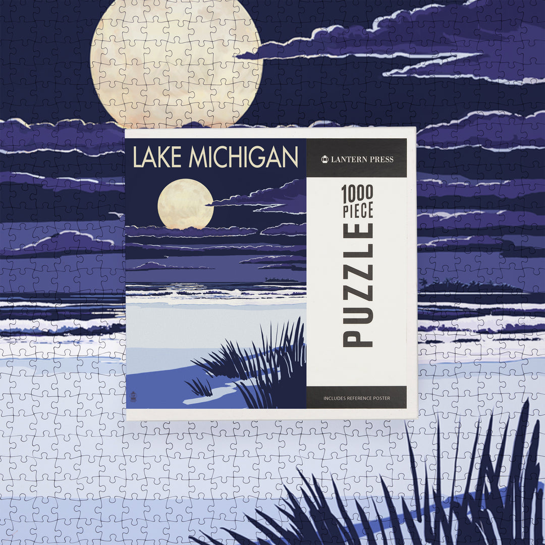 Lake Michigan, Full Moon Night Scene, Jigsaw Puzzle
