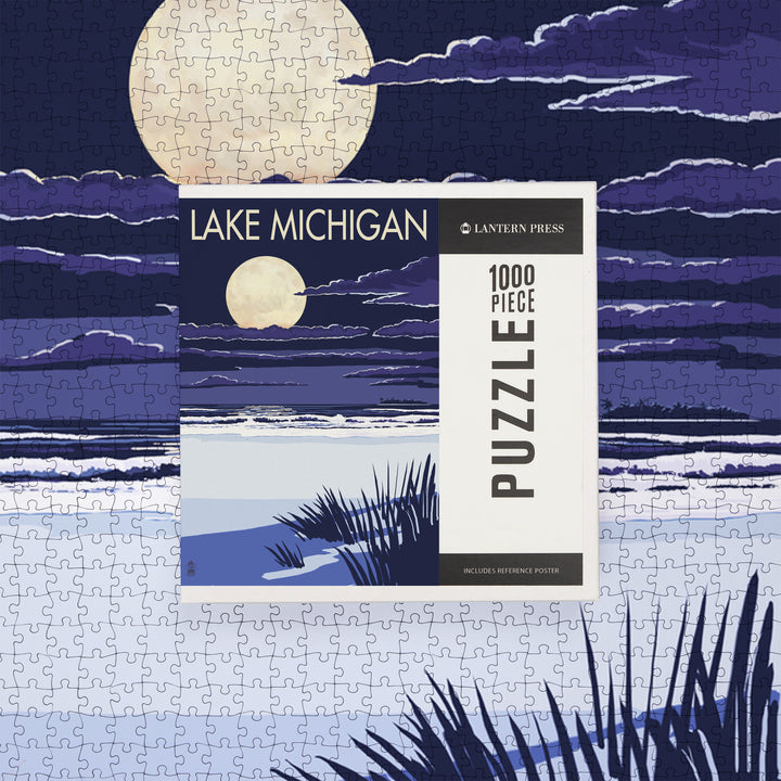 Lake Michigan, Full Moon Night Scene, Jigsaw Puzzle