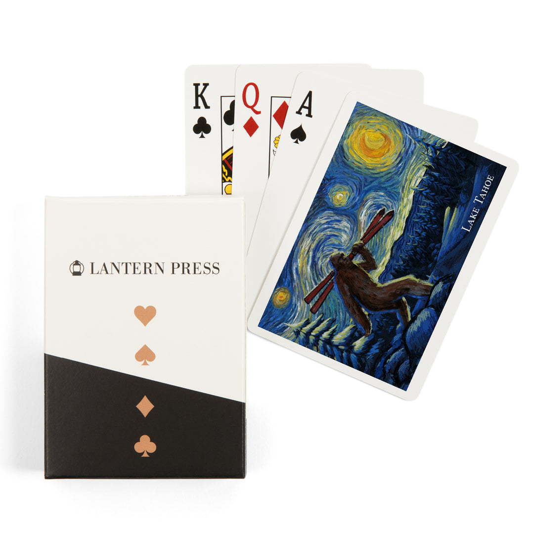 Playing Cards, Lake Tahoe, California, Starry Night, Winter Bigfoot with Skis, 52 Card Deck with Jokers in Box, Unique Art