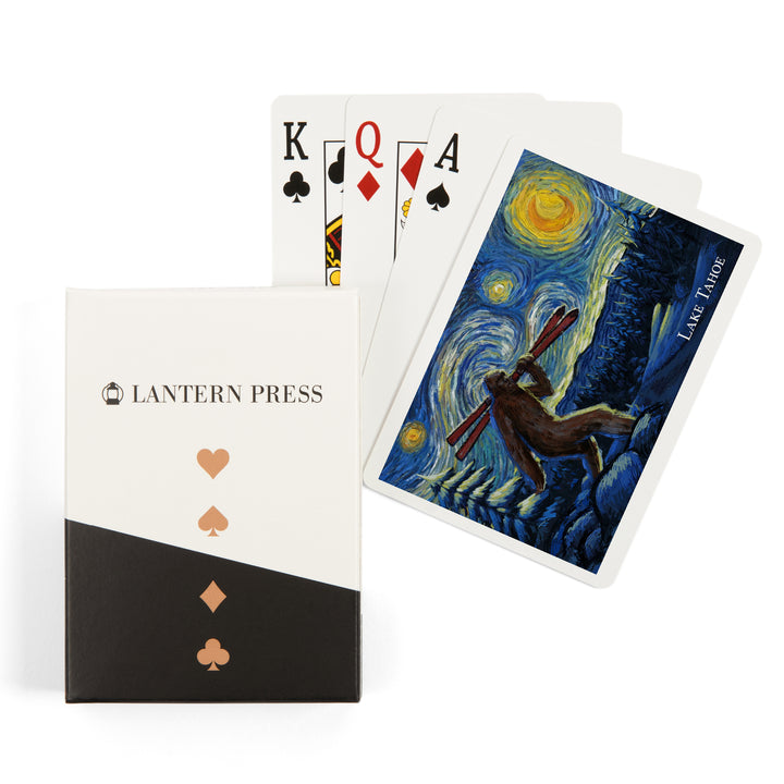Playing Cards, Lake Tahoe, California, Starry Night, Winter Bigfoot with Skis, 52 Card Deck with Jokers in Box, Unique Art
