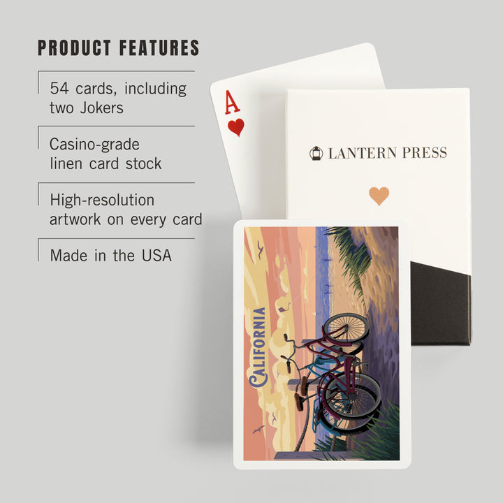 Playing Cards, California, Painterly, The Beach Is Calling, Beach Bikes, 52 Card Deck with Jokers in Box, Unique Art