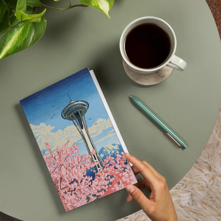 Lined 6x9 Journal, Seattle, Washington, Space Needle, Cherry Blossoms Woodblock, Lay Flat, 193 Pages, FSC paper