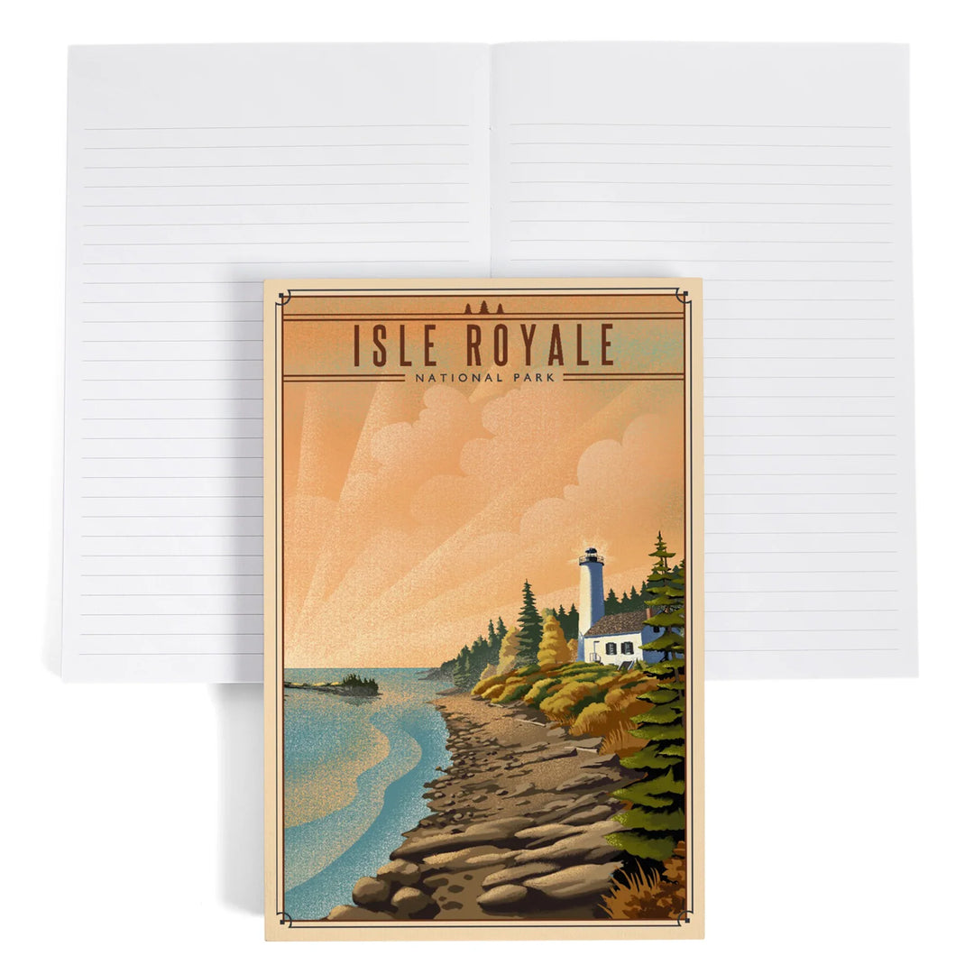 Lined 6x9 Journal, Isle Royale National Park, Michigan, Lithograph National Park Series, Lay Flat, 193 Pages, FSC paper