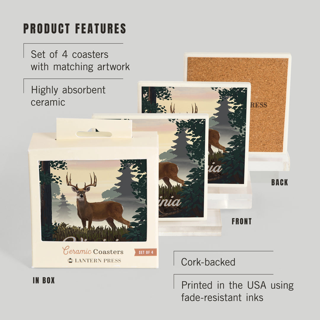 Virginia, Painterly, Deer and Sunrise, Coasters