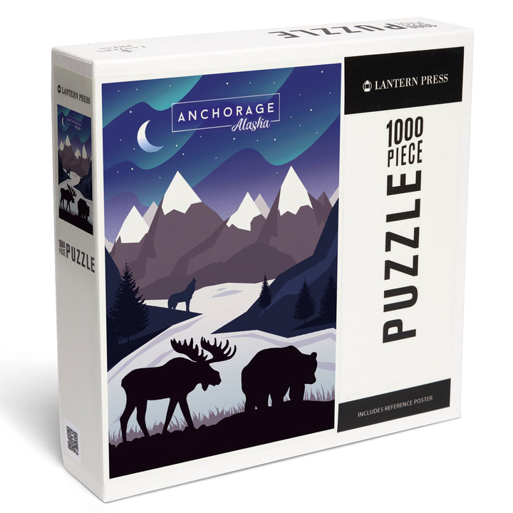 Anchorage, Alaska, Northern Lights, Night Scene, Stay Wild, Bear and Mountain Silhouette, Jigsaw Puzzle