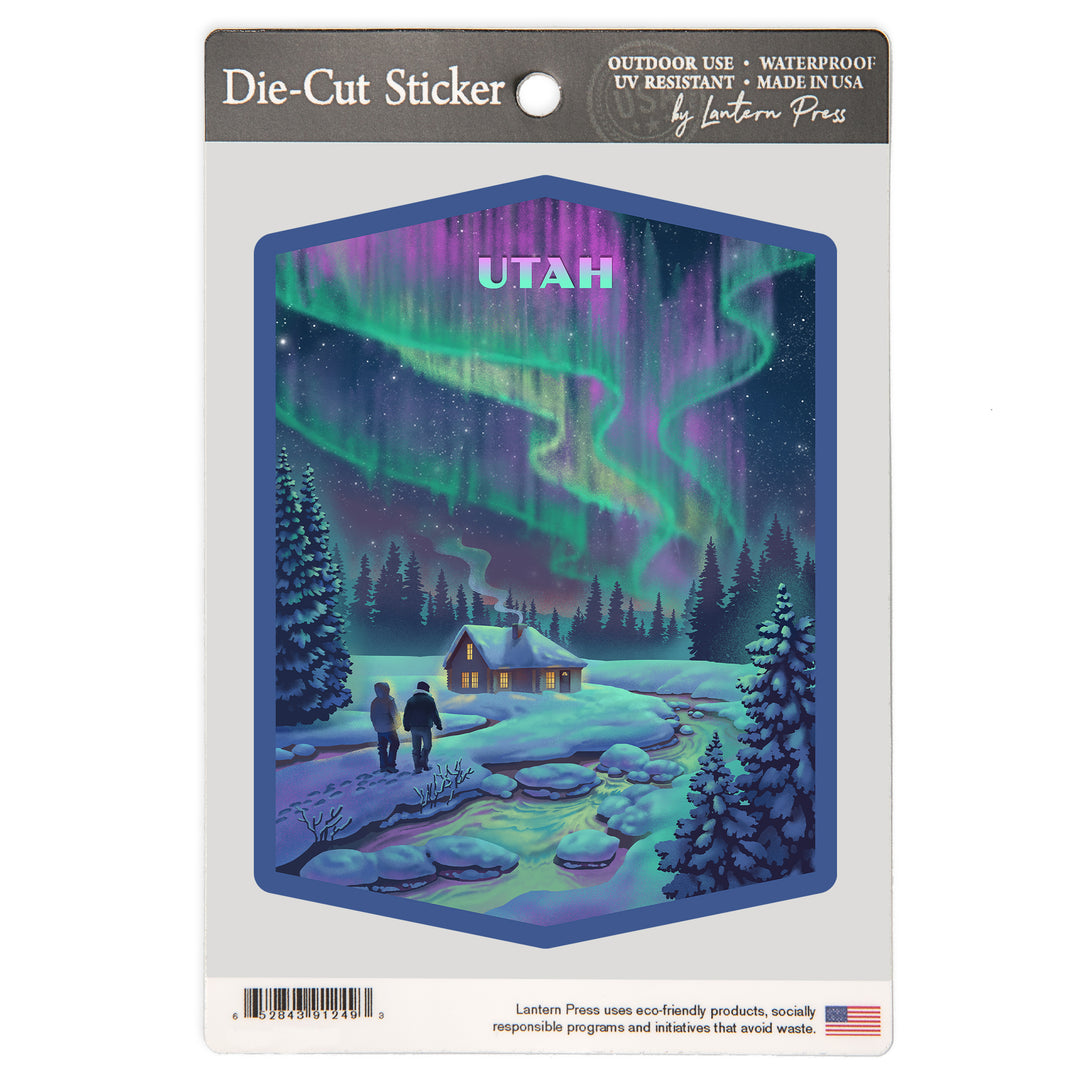 Utah, Lithograph, Northern Lights and Cabin, Vinyl Sticker