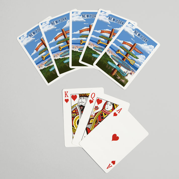 Playing Cards, New York, Signpost, Coast Beach with Umbrellas, 52 Card Deck with Jokers in Box, Unique Art