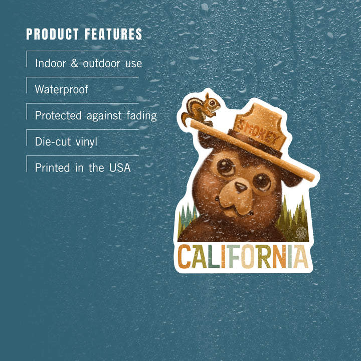 California, Smokey Bear & Squirrel, Contour, Lantern Press Artwork, Vinyl Sticker