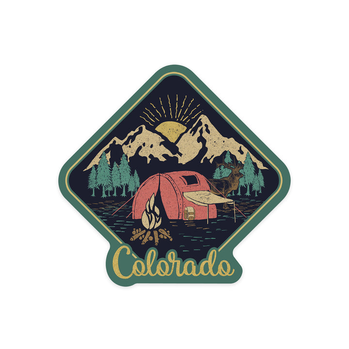 Colorado, Camping Scene & Elk, Contour, Lantern Press Artwork, Vinyl Sticker