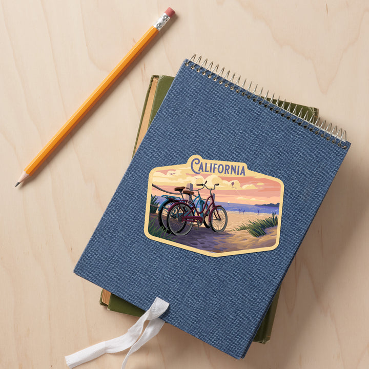 California, Painterly, The Beach Is Calling, Beach Bikes, Contour, Vinyl Sticker - Lantern Press