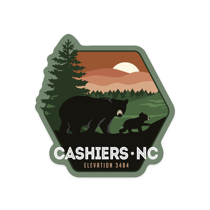 Cashiers, North Carolina, Vector Bear Family, Contour, Vinyl Sticker