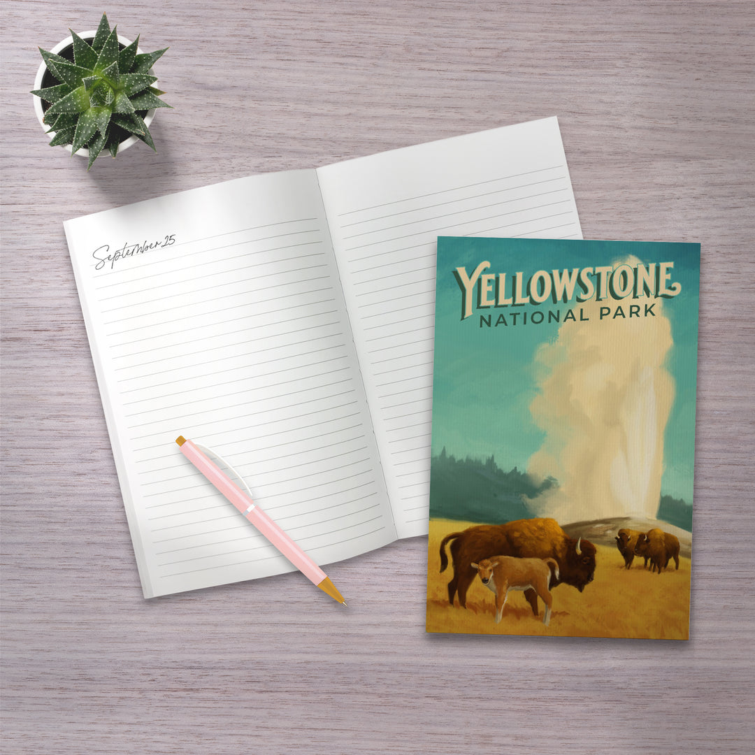 Lined 6x9 Journal, Yellowstone National Park, Old Faithful and Bison, Oil Painting, Lay Flat, 193 Pages, FSC paper