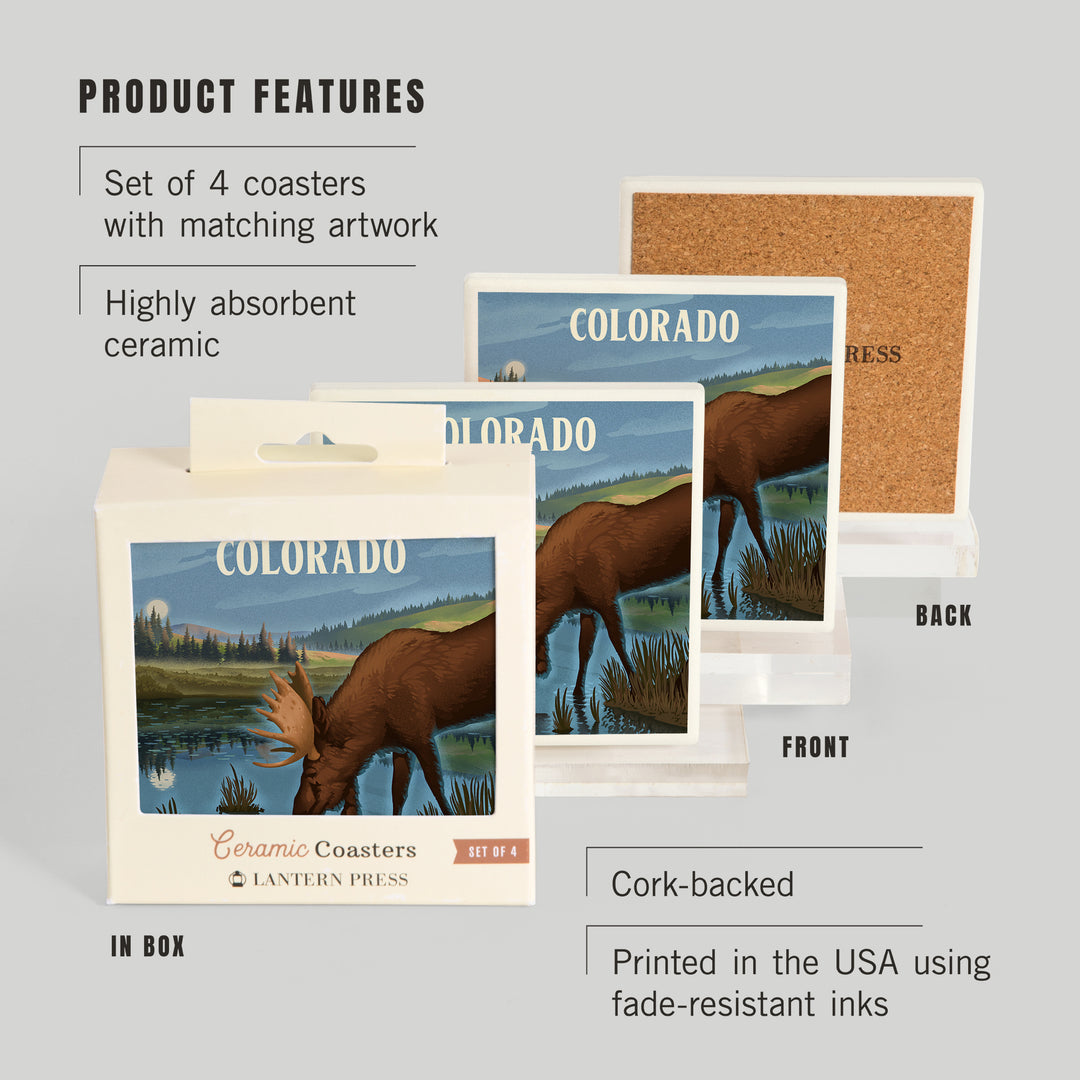 Colorado, Lithograph, Reflection Pond and Bull Moose, Coasters