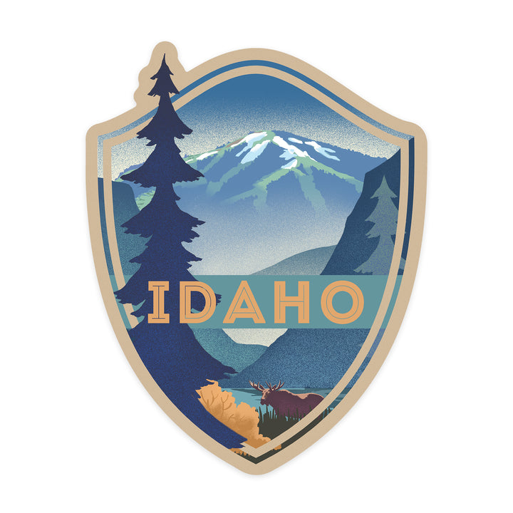Idaho, Moose & Mountain, Lithograph, Contour, Lantern Press Artwork, Vinyl Sticker