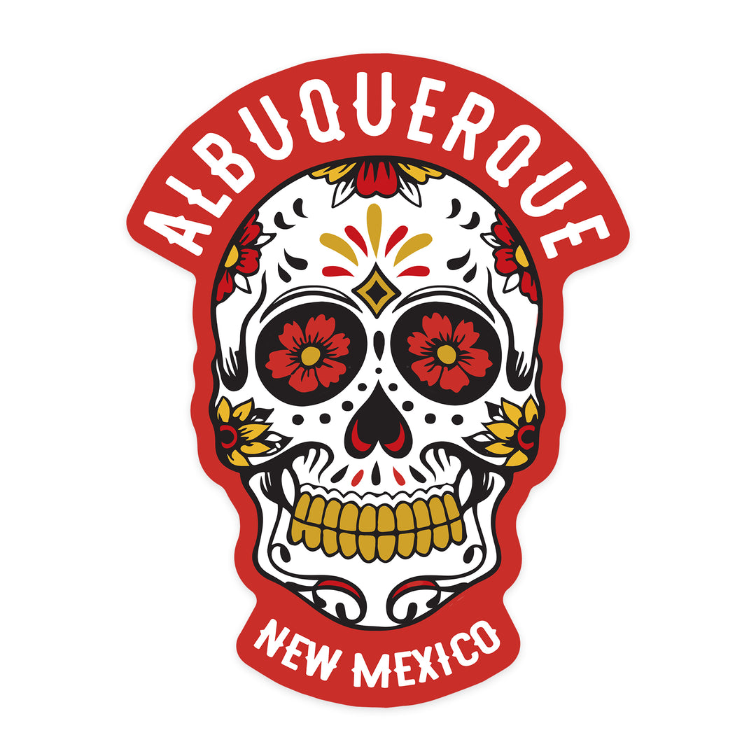 Albuquerque, New Mexico, Sugar Skull & Flower Pattern, Red & Gold, Contour, Lantern Press Artwork, Vinyl Sticker