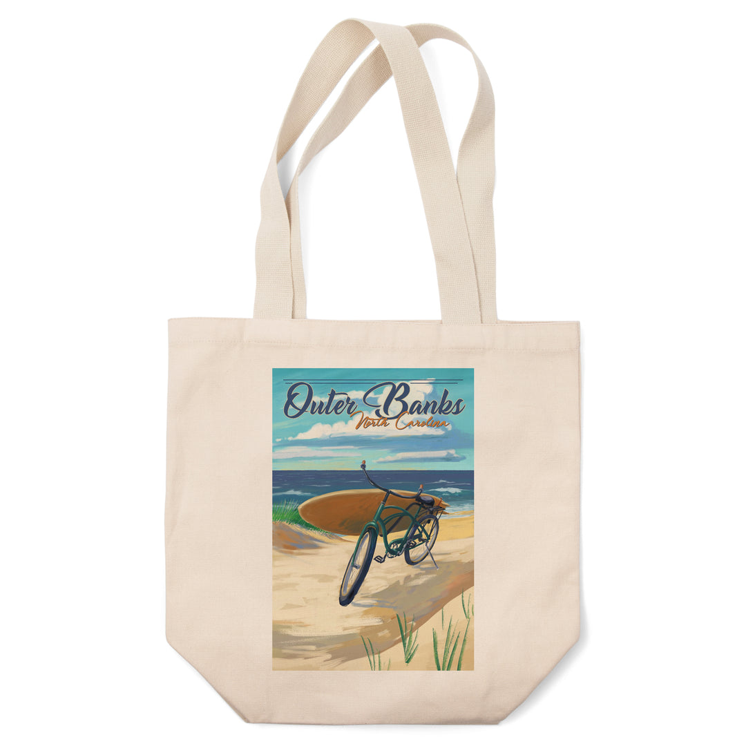 Outer Banks, North Carolina, Beach Cruiser on Beach, Lantern Press Artwork, Tote Bag