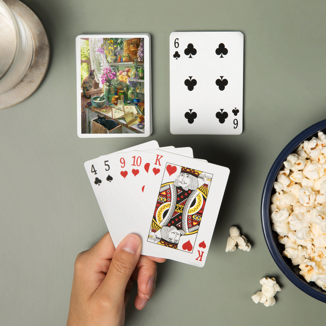Playing Cards, Garden Apothecary, With Cat, Oil Painting, 52 Card Deck with Jokers in Box, Unique Art