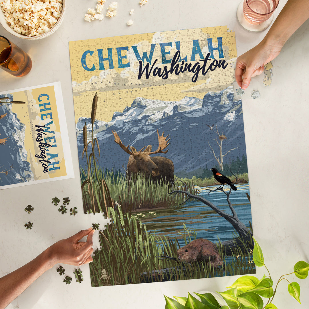 Chewelah, Washington, Painterly, Moose, Mountain, and Marsh, 1000 Piece Jigsaw Puzzle