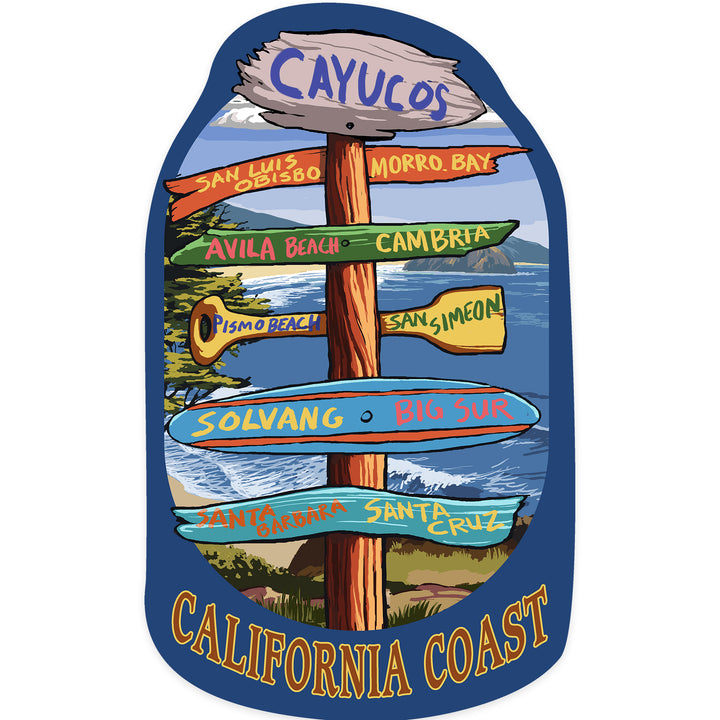 Cayucos, California, Destination Signpost, Contour, Lantern Press Artwork, Vinyl Sticker