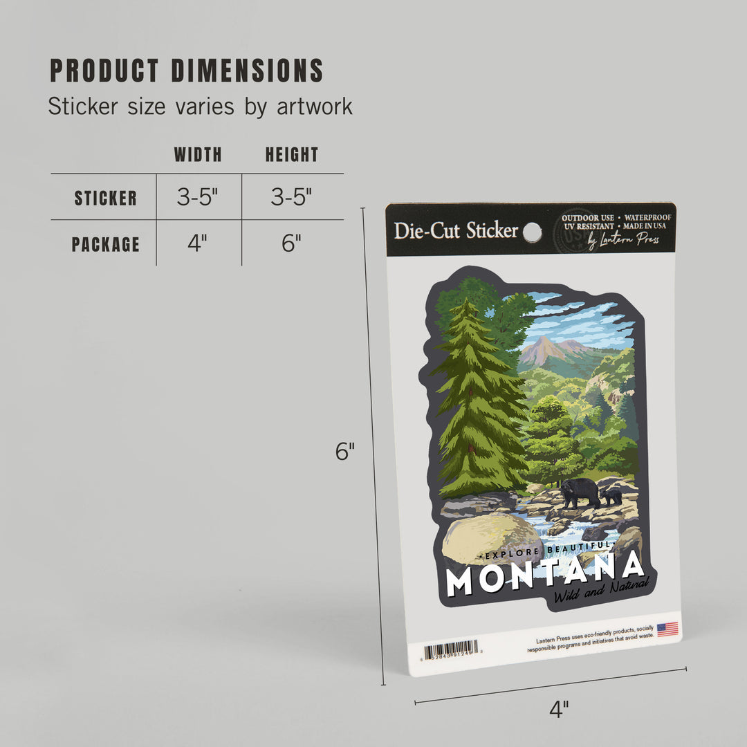 Montana, Bear Family and Creek, Contour, Vinyl Sticker