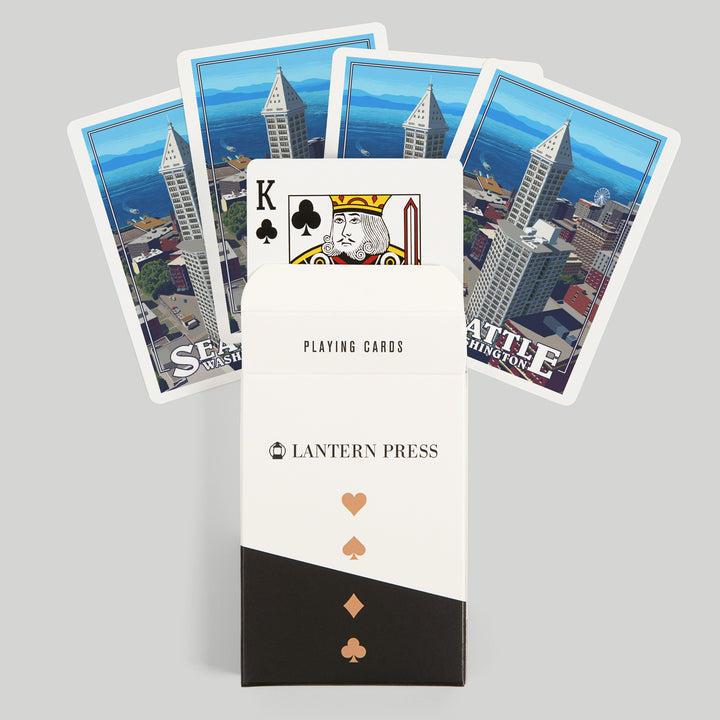 Playing Cards, Seattle, Washington, Smith Tower and Elliott Bay, 52 Card Deck with Jokers in Box, Unique Art