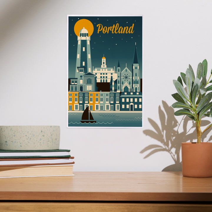 Portland, Maine, Retro Skyline, Art & Giclee Prints