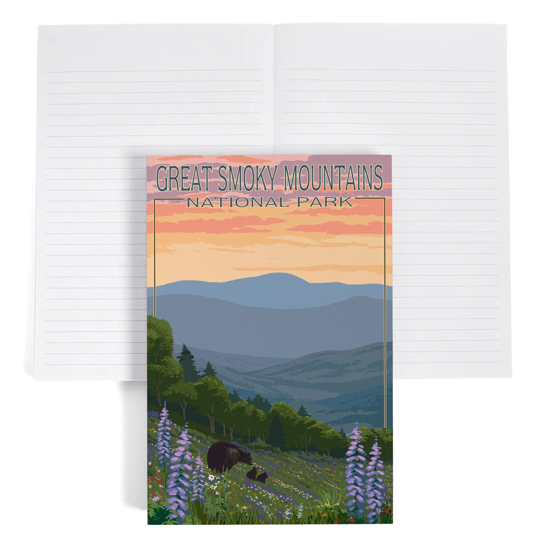 Lined 6x9 Journal, Great Smoky Mountains National Park, Bear and Spring Flowers, Lay Flat, 193 Pages, FSC paper