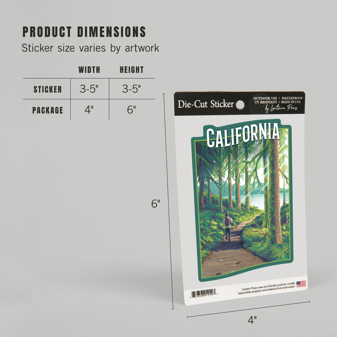 California, Walk In The Woods, Day Hike, Contour, Vinyl Sticker - Lantern Press