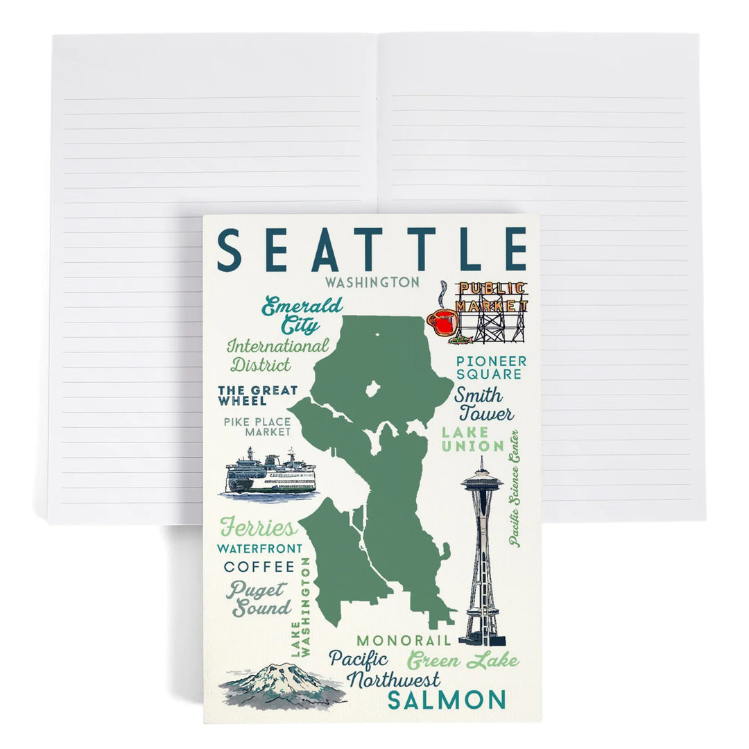 Lined 6x9 Journal, Seattle, Washington, Typography and Icons, Lay Flat, 193 Pages, FSC paper