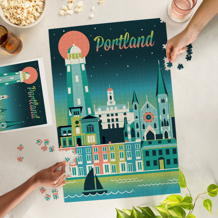 Portland, Maine, Retro Skyline Chromatic, 1000 Piece Jigsaw Puzzle