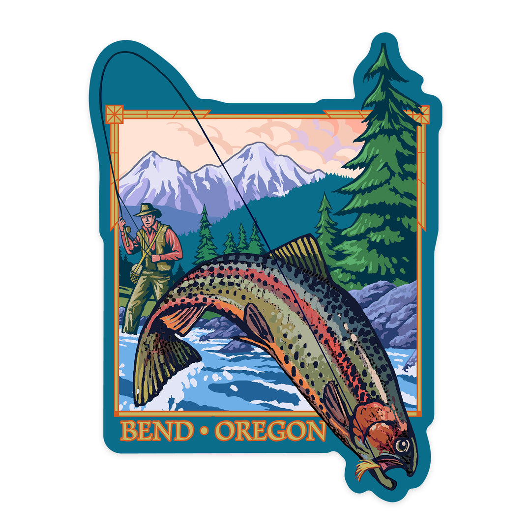Bend, Oregon, Angler Fly Fishing Scene, Contour, Lantern Press Artwork, Vinyl Sticker