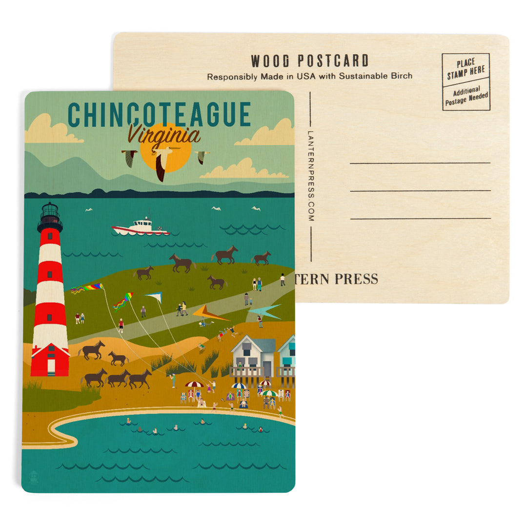 Chinconteague, Virginia, Geometric, Beach, Ocean, and Lighthouse, Wood Sign and Postcards