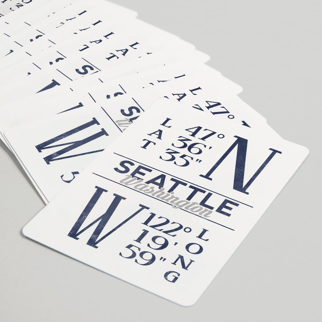 Playing Cards, Seattle, Washington, Latitude and Longitude (Blue), 52 Card Deck with Jokers in Box, Unique Art