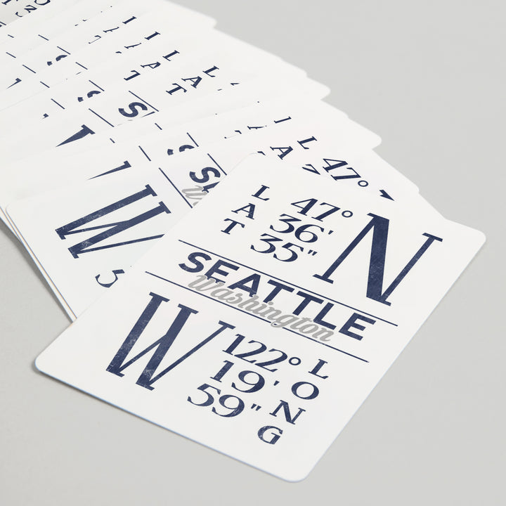 Playing Cards, Seattle, Washington, Latitude and Longitude (Blue), 52 Card Deck with Jokers in Box, Unique Art