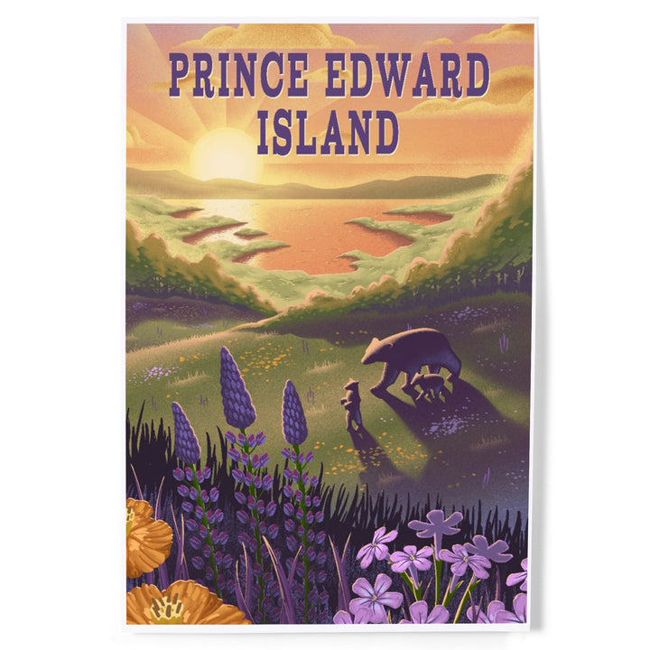 Prince Edward Island, Lithograph, Bear and Spring Flowers, Lake, Art & Giclee Prints