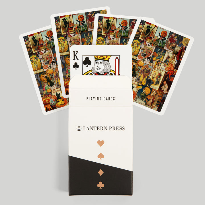 Playing Cards, Vintage Halloween Postcard Collage, 52 Card Deck with Jokers in Box, Unique Art