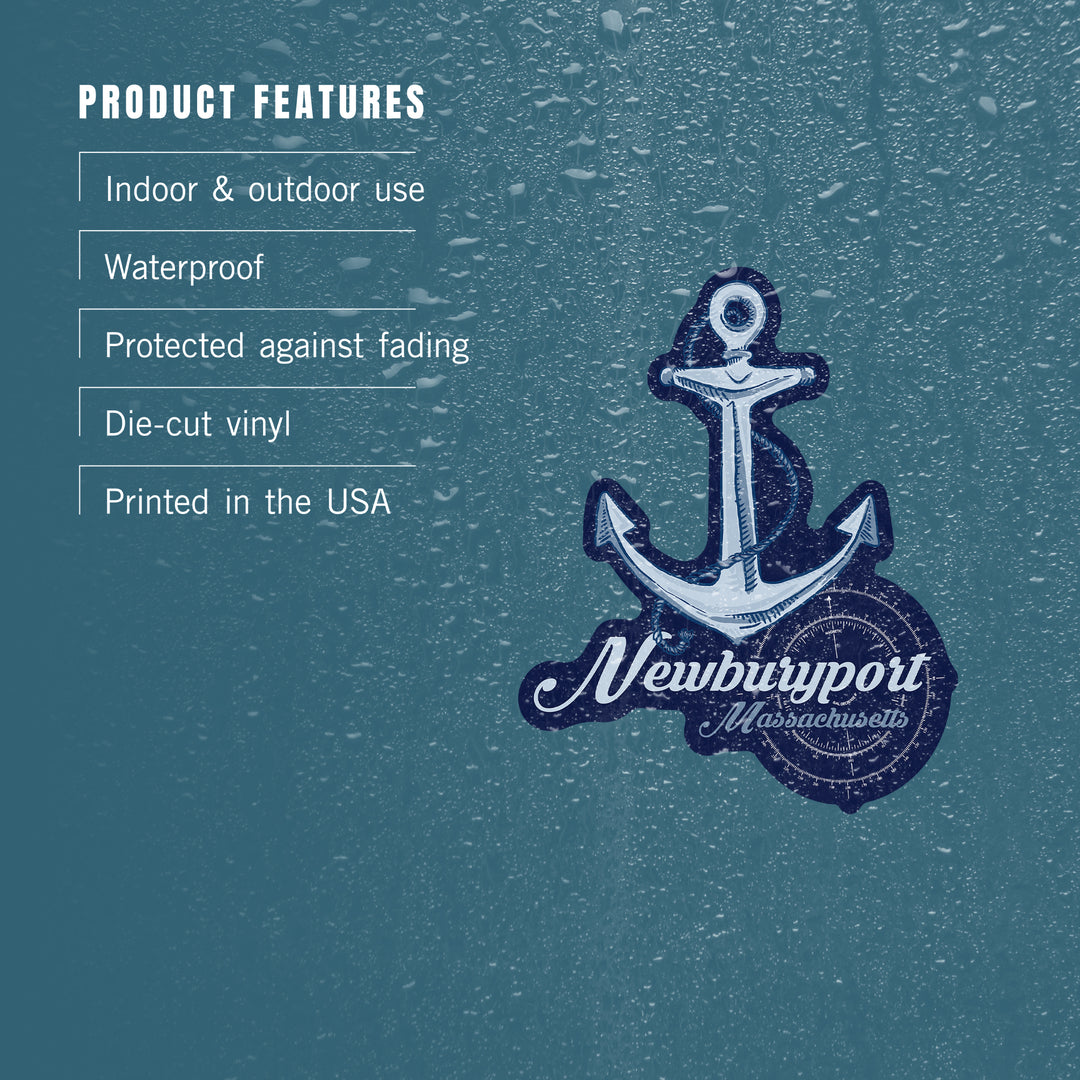 Newburyport, Massachusetts, Anchor, Coastal Icon, Contour, Lantern Press Artwork, Vinyl Sticker